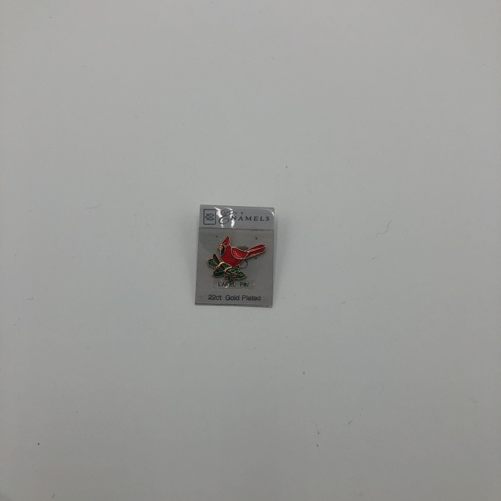 Cardinal Lapel Pin 22k Gold Plated New Enamels Red Bird Green Leaves‎